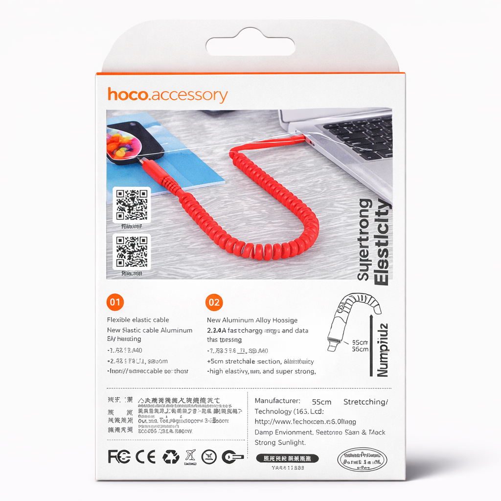 HOCO U78 Fast Charge Data Cable – 1.2m Super Elastic Coiled Cable, 2.4A Charging & Data Sync