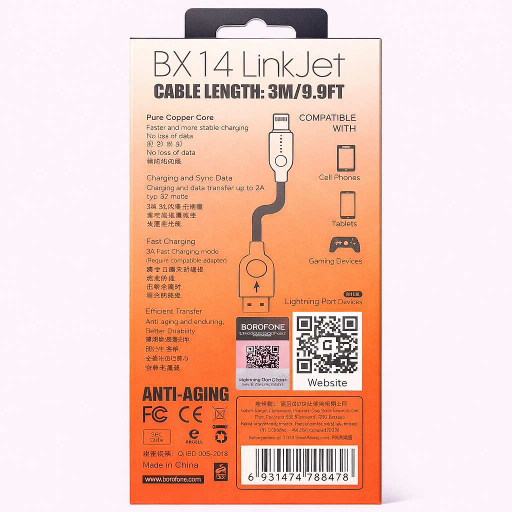 BOROFONE BX14 LinkJet Lightning Cable 3M (9.9FT) – Fast Charging & Data Sync, Durable Ergonomic Design