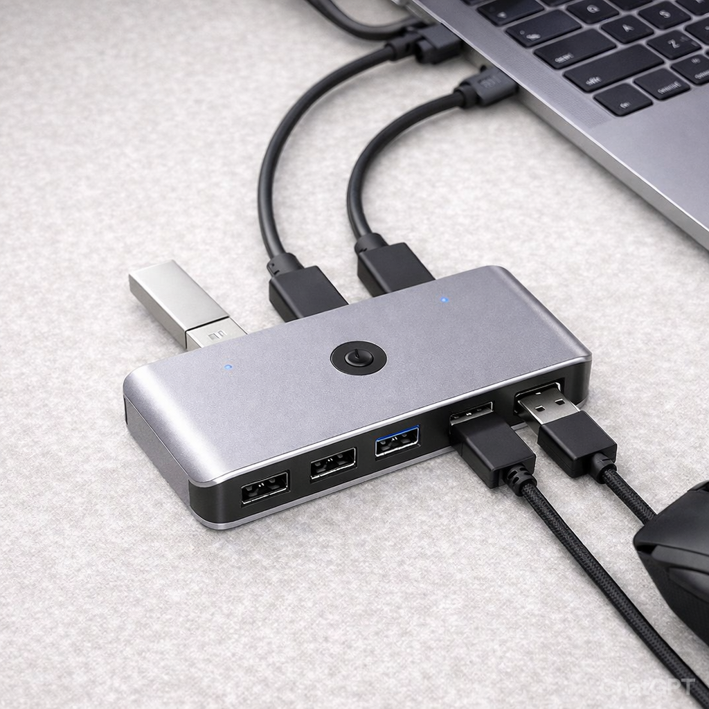 USB Switch Selector, USB 2.0 KVM Switcher Box 4 in 2 Out Adapter for 2 PC Sharing 4 USB Devices, One-Button Swapping for Keyboard, Mouse, Scanner, Printer, Etc