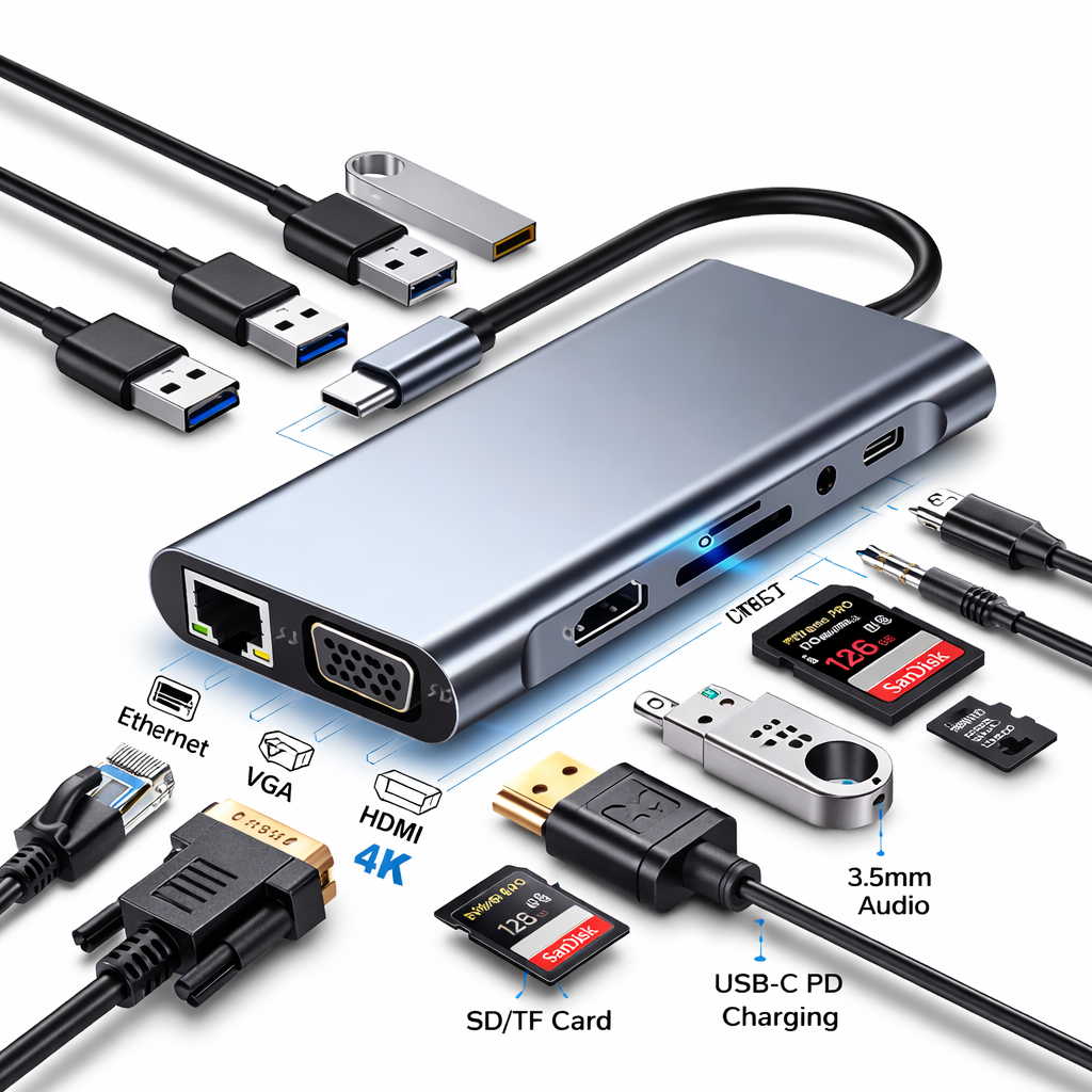 Fonething USB C Hub,USB C Adapter 11 in 1 Dongle with 4K HDMI,VGA,Type C PD,Usb3.0,Rj45 Ethernet,SD/TF Card Reader,3.5mm AUX,Docking Station Compatible With Macbook Pro/Air,Other Type C Laptops