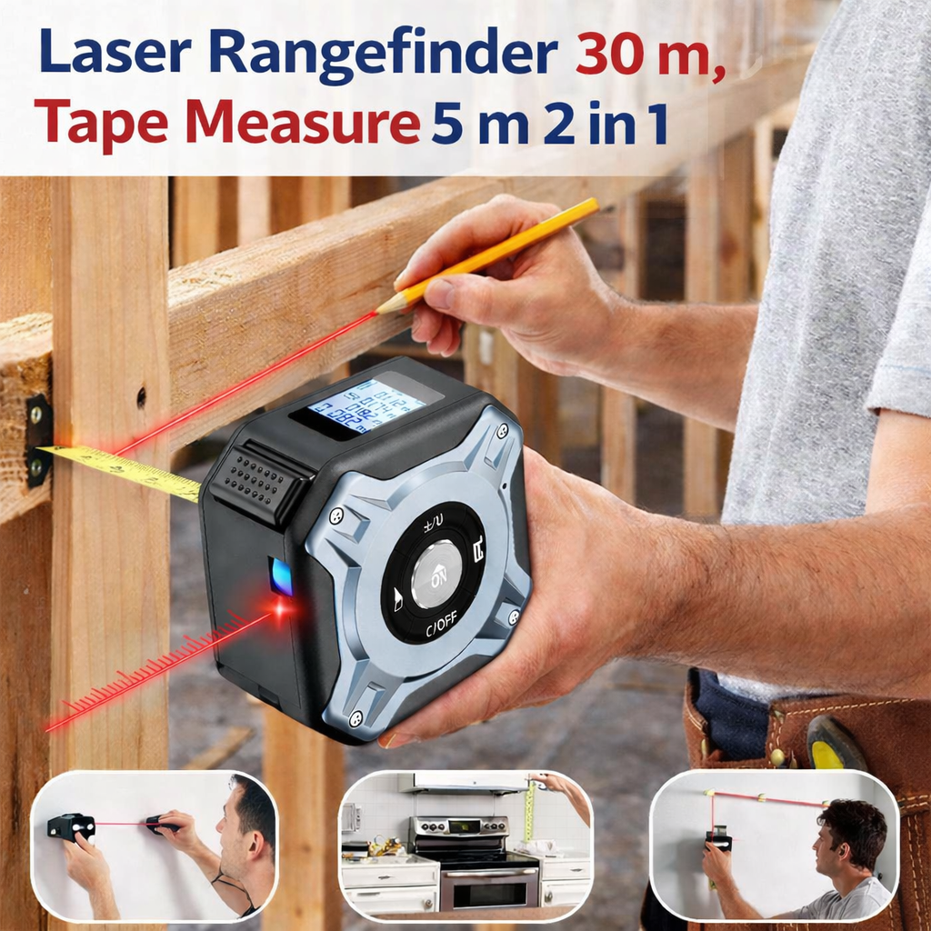 Laser Rangefinder 30 m, Tape Measure 5 m 2 in 1, with HD Digital Display, USB Charging Laser Meter, Multiple Measuring Modes, Rangefinder for DIY and Home Decor, Ft/M/In, IP54