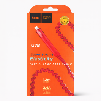 HOCO U78 Fast Charge Data Cable – 1.2m Super Elastic Coiled Cable, 2.4A Charging & Data Sync