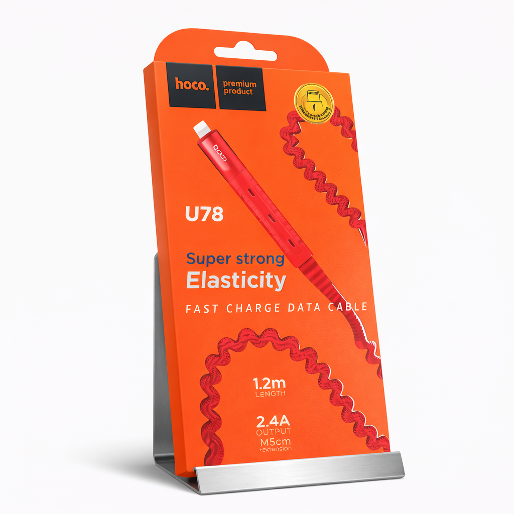HOCO U78 Fast Charge Data Cable – 1.2m Super Elastic Coiled Cable, 2.4A Charging & Data Sync