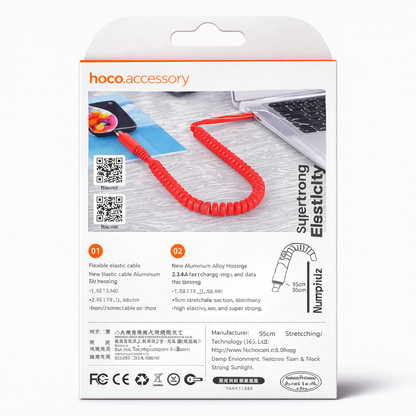 HOCO U78 Fast Charge Data Cable – 1.2m Super Elastic Coiled Cable, 2.4A Charging & Data Sync