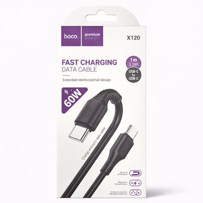 Hoco X120 60W Fast Charging USB-C to USB-C Cable (1m) – Fast Charging & Data Sync, Reinforced Tail Design