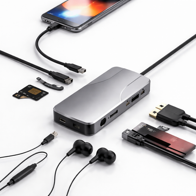 Fonething USB C HUB, 11 in 1 USB C Docking Station with 4K HDMI, , 3*USB 3.0, USB C Data, , RJ45 Ethernet Port, SD/TF, 3.5mm AUX, Compatible with MakBook Pro/Air, More Type C Devices-grey