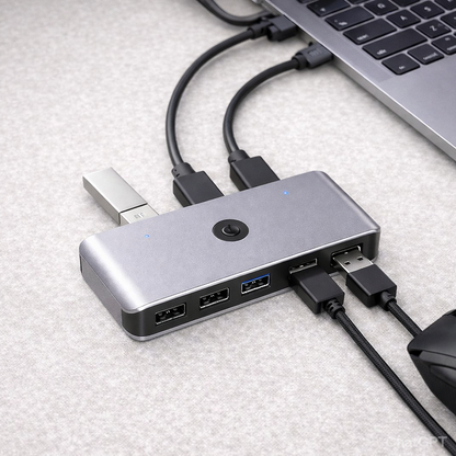 USB Switch Selector, USB 2.0 KVM Switcher Box 4 in 2 Out Adapter for 2 PC Sharing 4 USB Devices, One-Button Swapping for Keyboard, Mouse, Scanner, Printer, Etc