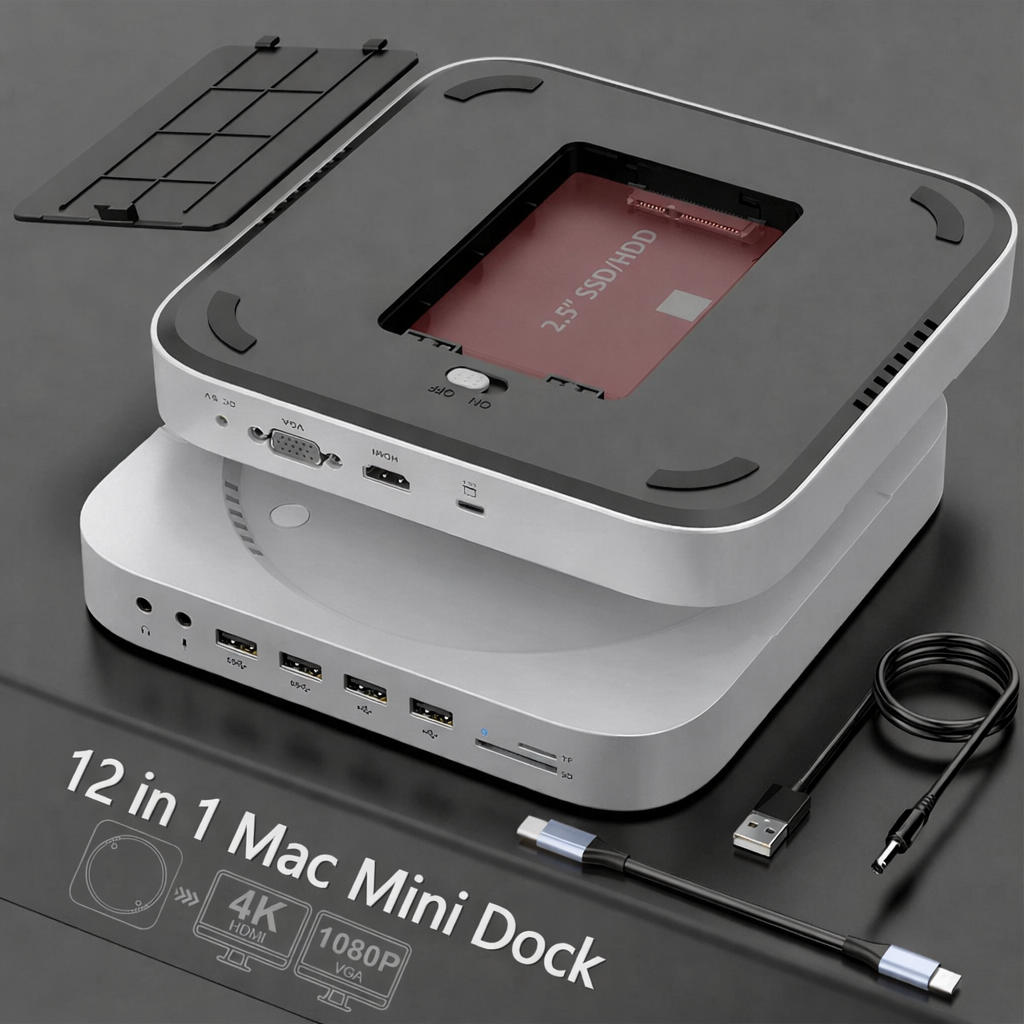 12 in 1 Type-C Hub Mac mini docking station with Hard Drive Enclosure | USB-C Docking Station | Stand for Mac Mini M1 with SATA SSD/HDD, HDMI, VGA, USB, TF/SD, Audio Jack | Mac Mini Hub for 2018/2020| Mac mini Hub |