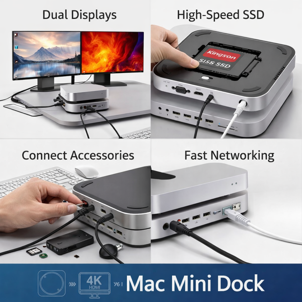 12 in 1 Type-C Hub Mac mini docking station with Hard Drive Enclosure | USB-C Docking Station | Stand for Mac Mini M1 with SATA SSD/HDD, HDMI, VGA, USB, TF/SD, Audio Jack | Mac Mini Hub for 2018/2020| Mac mini Hub |