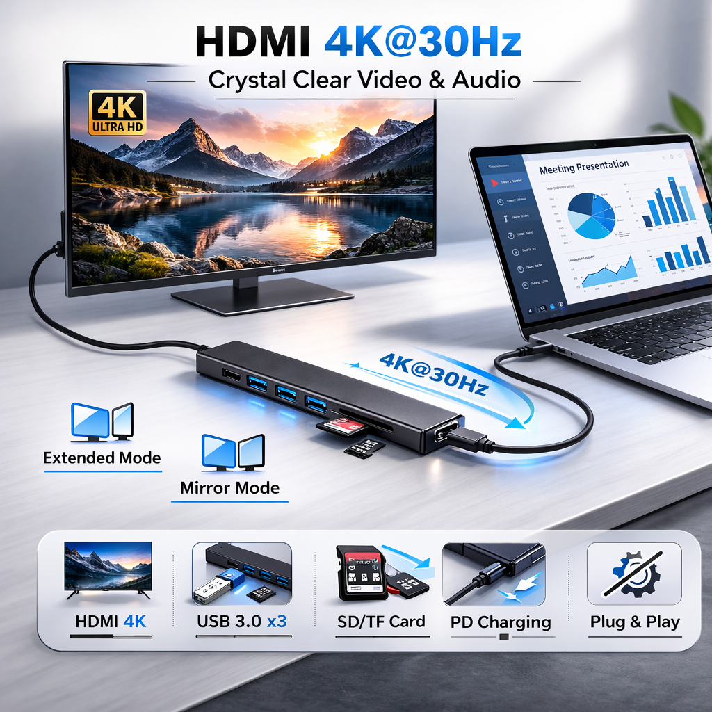 USB-C Hub Docking Station, 7-in-1 USB Hub for Laptop with Gigabit Ethernet, 4K HDMI