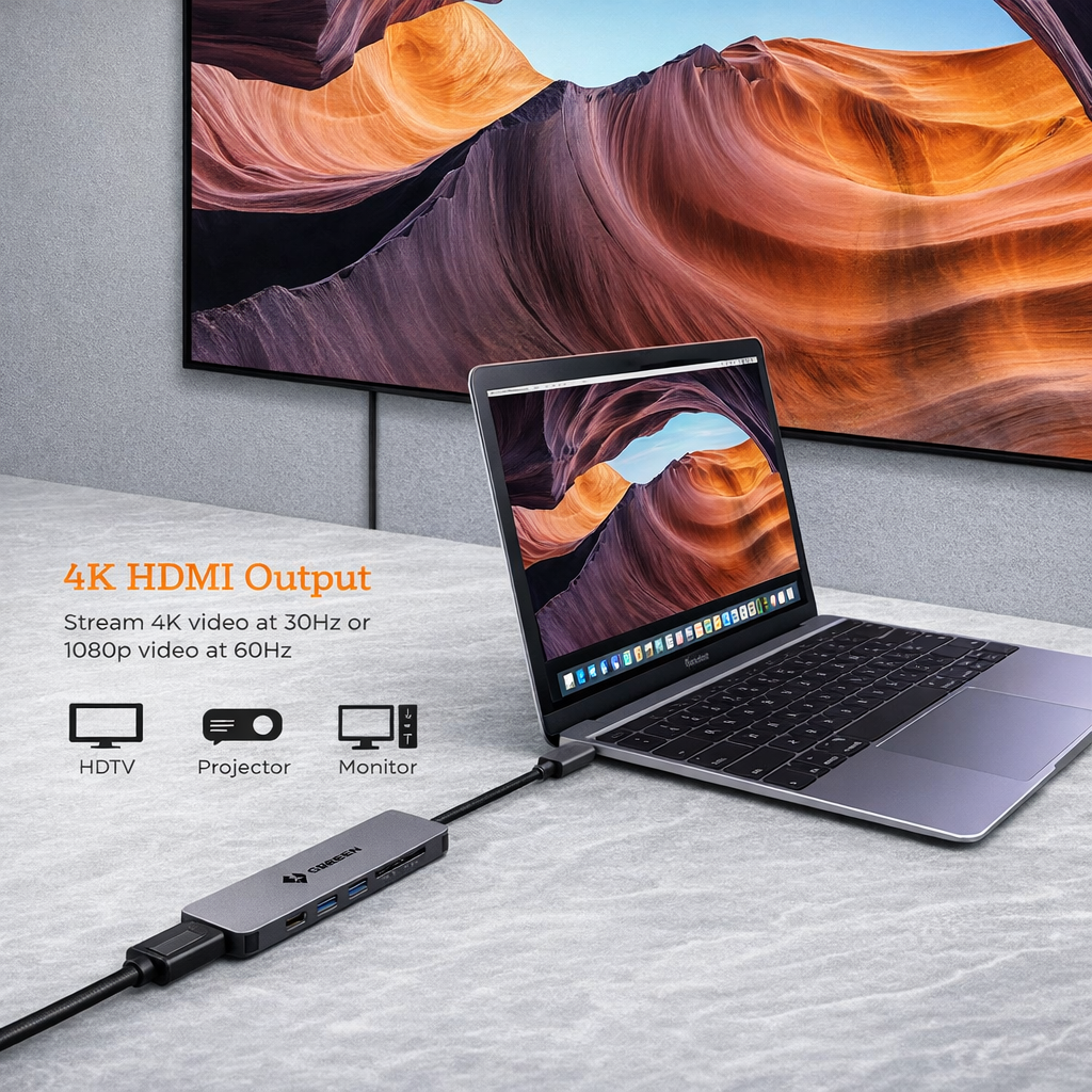 NOVOO 6 in 1 USB Type C Hub with 4K HDMI, 60W USB C PD Charging Port, 2 USB 3.0 Ports, SD/TF Card Reader for MacBook Pro 2017/2016/2018, Huawei MateBook and More USB C Laptop and Smartphone, Gray