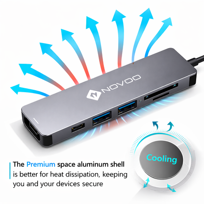 NOVOO 6 in 1 USB Type C Hub with 4K HDMI, 60W USB C PD Charging Port, 2 USB 3.0 Ports, SD/TF Card Reader for MacBook Pro 2017/2016/2018, Huawei MateBook and More USB C Laptop and Smartphone, Gray